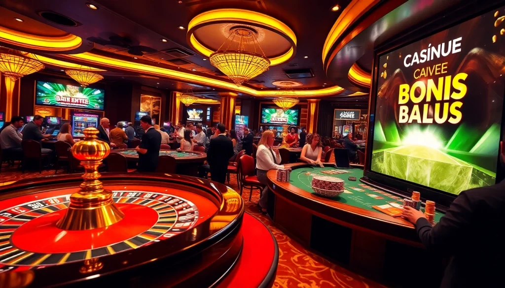 Casino avec bonus sans depot featuring vibrant roulette tables and excited players enjoying high-stakes gambling.