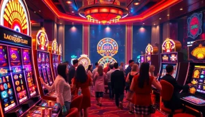 Experience the thrill of winning at the 98win nổ hũ slots with vibrant casino elements and engaging players.