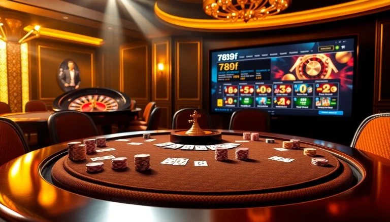 Exciting gaming action at 789f poker table filled with colorful chips and cards.