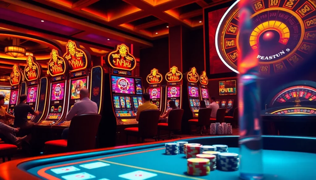 Nổ hũ action with bright casino slot machines and engaged players enjoying thrilling gameplay.