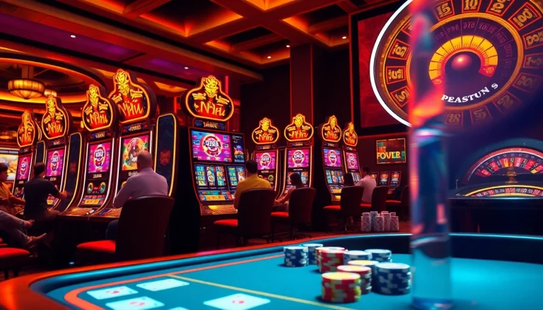 Nổ hũ action with bright casino slot machines and engaged players enjoying thrilling gameplay.