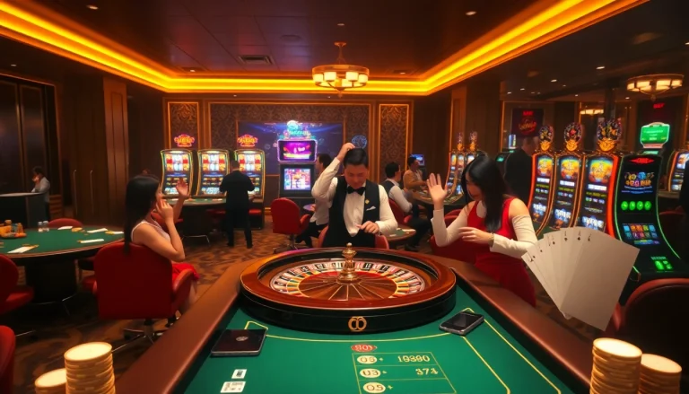 Players enjoying high-stakes games at Lu88's luxurious casino, showcasing poker tables and colorful slots.