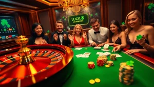 Engage in exhilarating games at LUCK8.COM with vibrant casino visuals, roulette wheels, and poker chips.