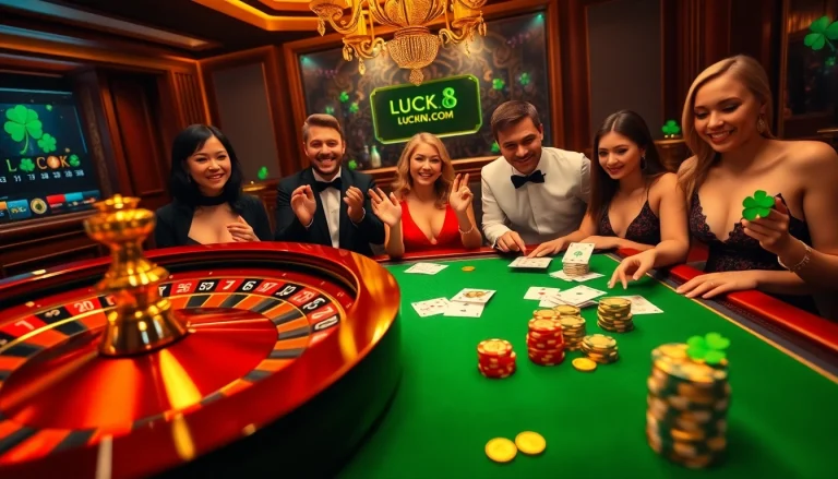 Engage in exhilarating games at LUCK8.COM with vibrant casino visuals, roulette wheels, and poker chips.