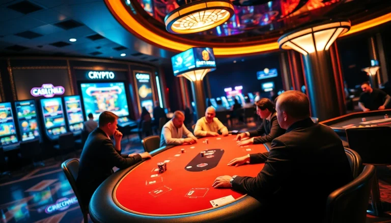 Jouez à des jeux dans un crypto casino moderne avec des tables de poker et un éclairage vibrant.