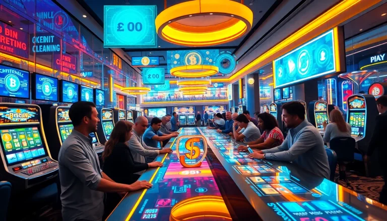 Les joueurs s'amusent dans un crypto casino animé avec des machines à sous futuristes.