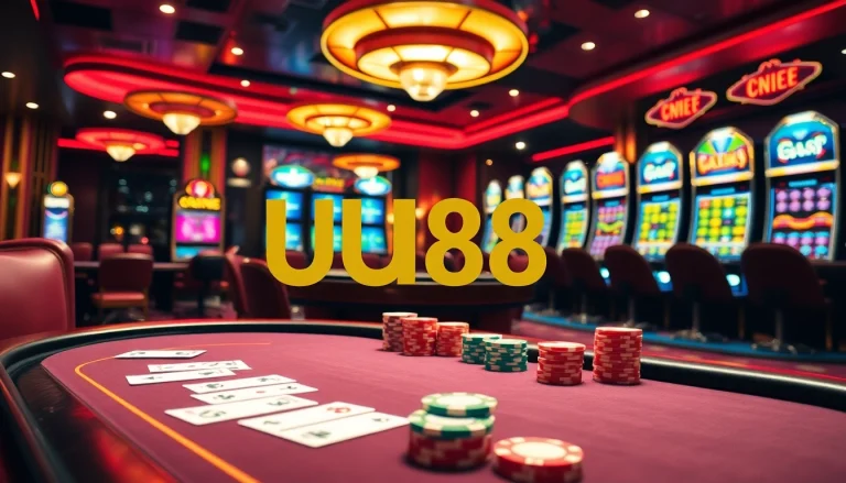 Experience the thrill of gambling at UU88 with vibrant poker tables and slot machines, showcasing excitement and luxury.