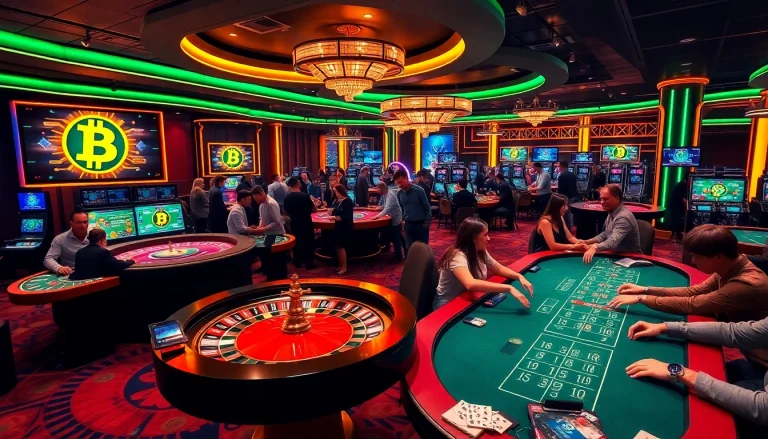 Engaging players at a casino crypto table with vivid neon lights and digital gaming displays.