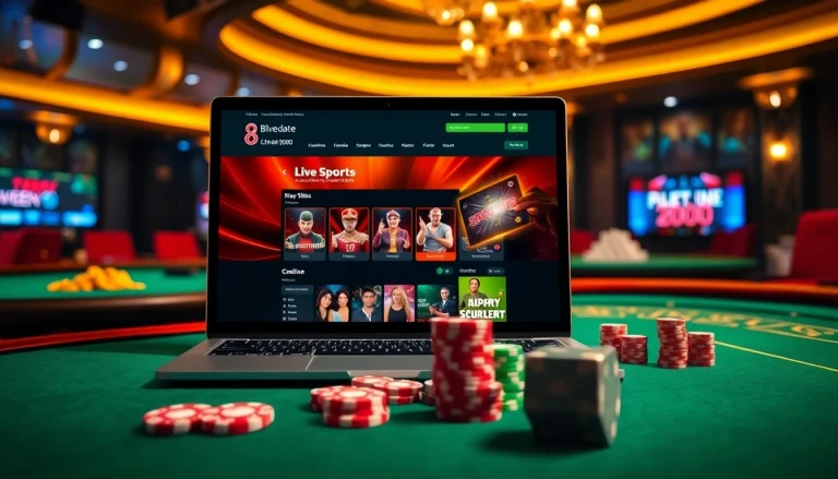 Experience betting excitement at https://8live.date/ with vibrant casino visuals featuring poker chips and slots.