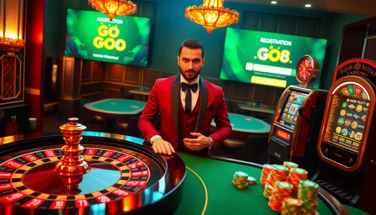 Experience the thrill of Đăng Ký GO8 at a vibrant casino scene filled with excitement and gaming.