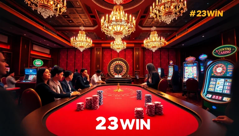 Players enjoying poker at 23WIN casino table, surrounded by vibrant gaming elements.