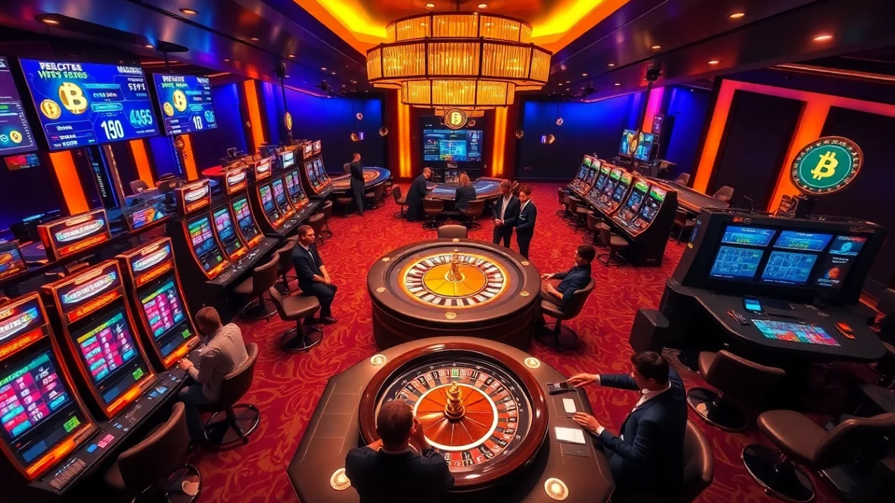 Exciting gameplay in crypto casinos featuring vibrant slot machines and professional dealers.