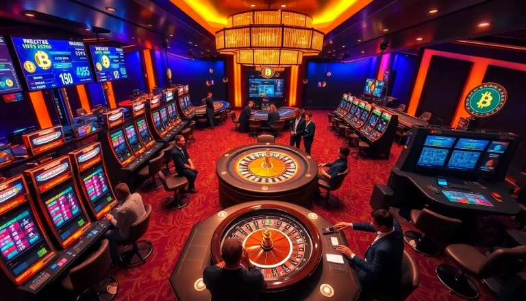 Exciting gameplay in crypto casinos featuring vibrant slot machines and professional dealers.