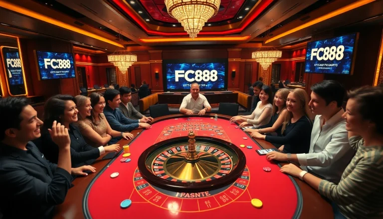 FC88 branding showcased in an upscale casino setting with vibrant gaming tables and excited players.