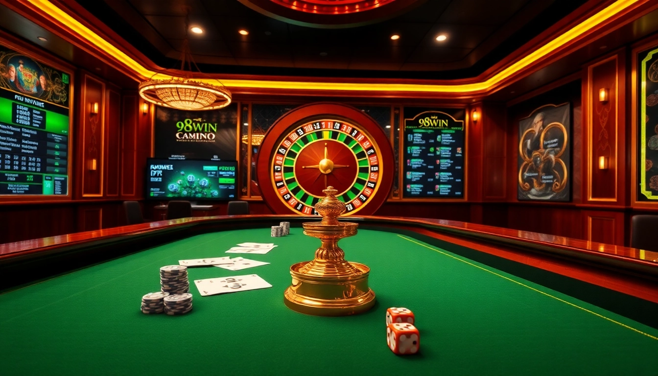 Join the excitement at 98WIN with dynamic poker chips and playing cards on a lively casino table.