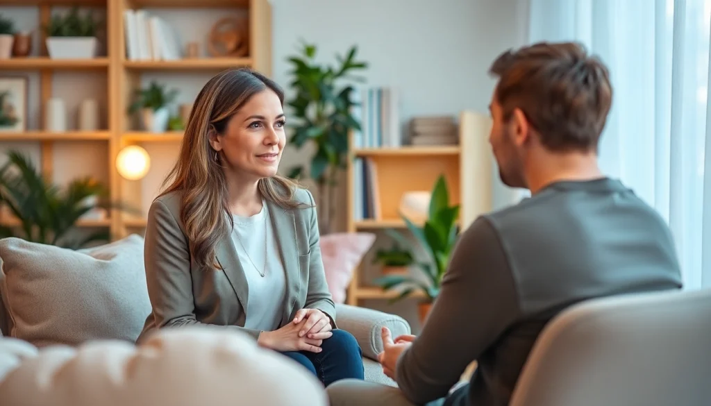Therapist assisting a client facing depression symptoms in a calm, inviting room.