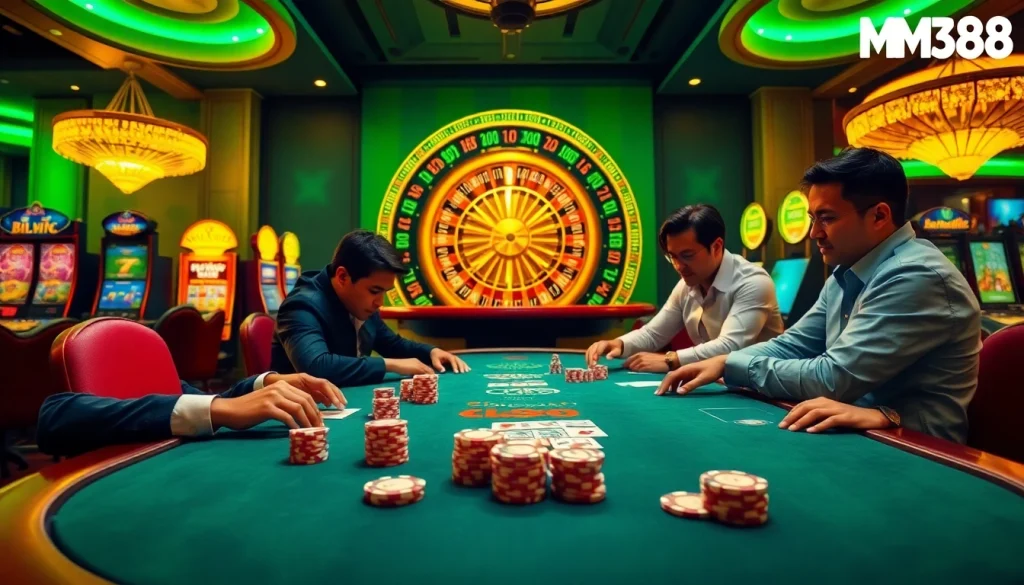 Gamble strategically at MM88 with vibrant poker chips and an exciting roulette table.
