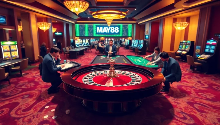 MAY88 casino scene showcasing excitement at a roulette table with players engaging and vibrant game elements.