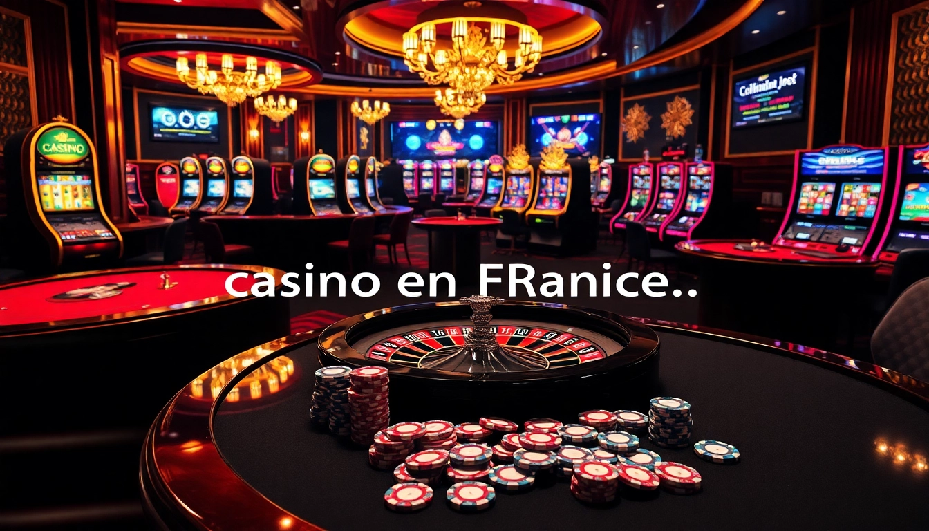 Engaging scene of a casino en ligne Français with luxurious tables, slot machines, and vibrant roulette wheels.