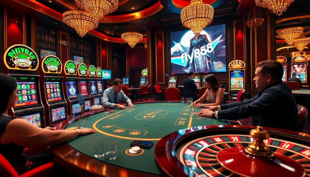 Experience the thrill of live casino gaming with fly88's engaging poker table and vibrant slot machines.