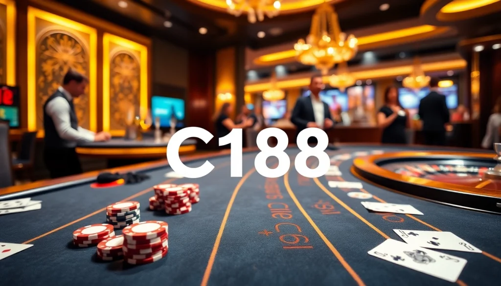 C168 logo displayed on a luxurious gaming table in a vibrant casino setting, featuring poker chips and cards.