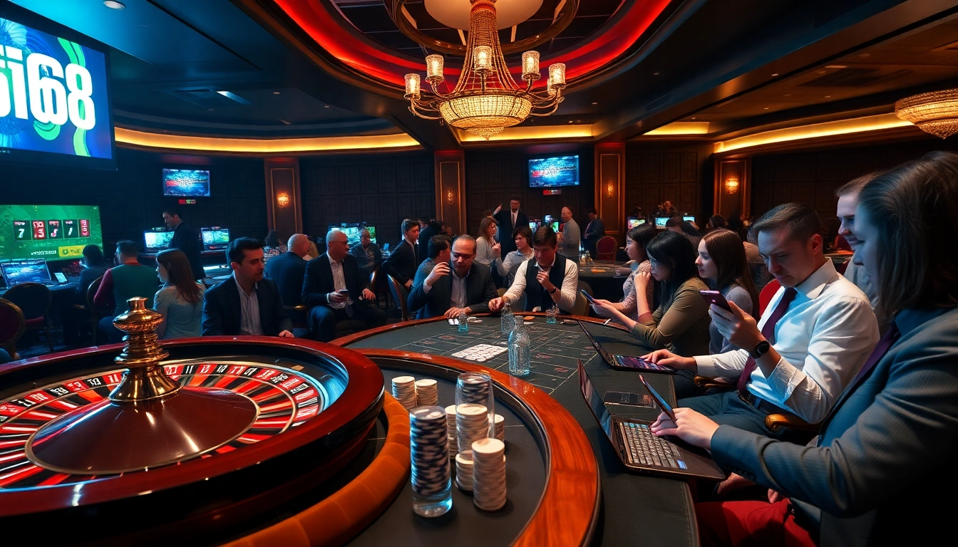 Excited gamblers enjoying the vibrant atmosphere of F168 casino with roulette and poker.