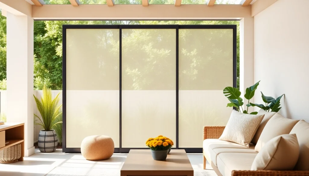 Installation de moustiquaire porte fenetre offrant une vue sur un patio verdoyant.