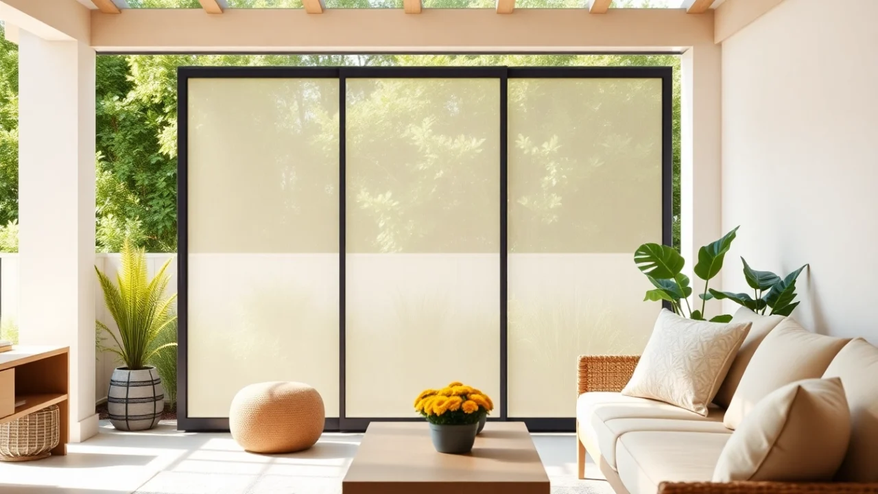 Installation de moustiquaire porte fenetre offrant une vue sur un patio verdoyant.