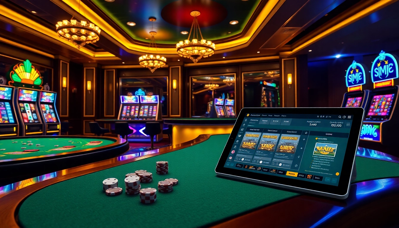 Découvrez l'excitation du casino en ligne Français avec une atmosphère luxueuse remplie de machines à sous vibrantes et de tables de casino élégantes.