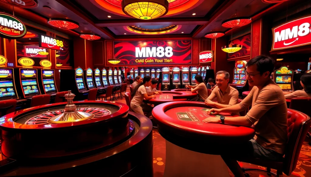 Players enjoying MM88 games at a luxurious casino with roulette and poker tables