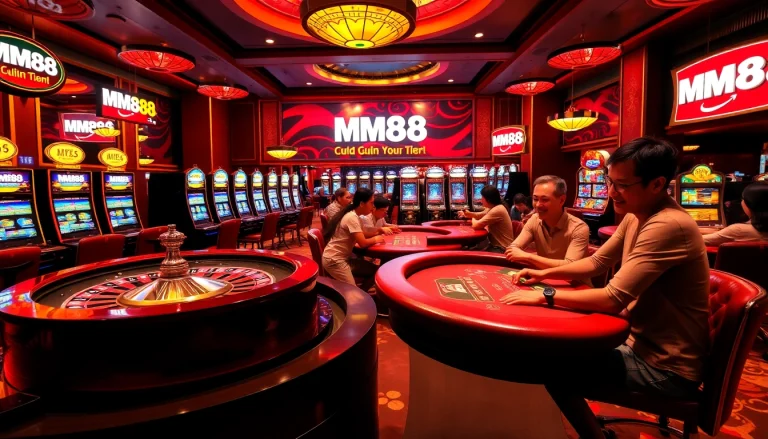 Players enjoying MM88 games at a luxurious casino with roulette and poker tables