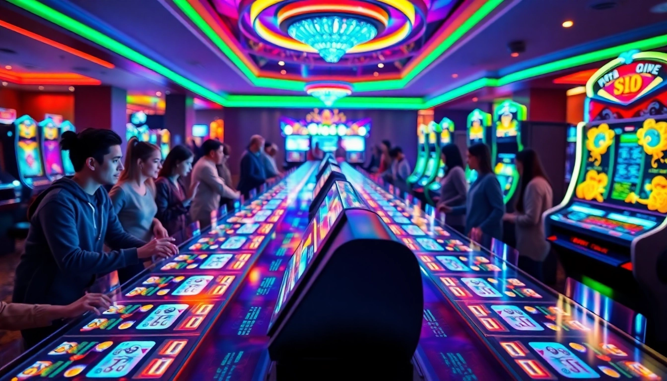 Joueurs enthousiastes au crypto casino, avec des machines à sous numériques illuminées en arrière-plan.