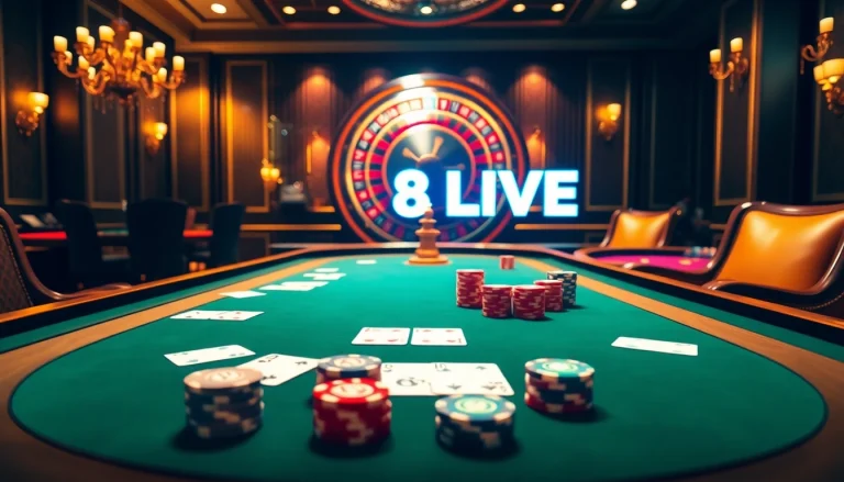 Experience the excitement of 8LIVE with a luxurious poker table and casino atmosphere.