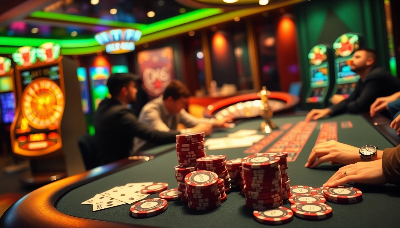 Players experiencing a thrilling game at OK8386 casino with poker chips and cards.