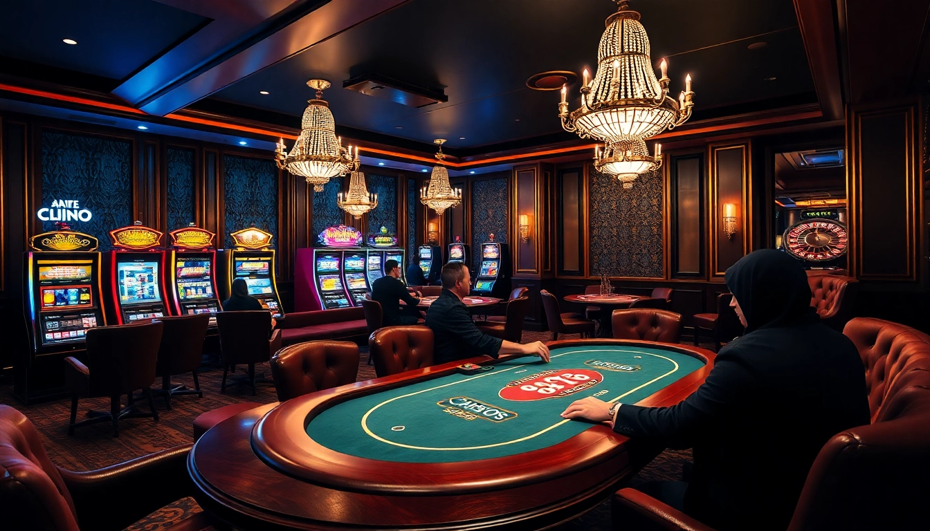 Scène engageante d'un casino en ligne Français avec des joueurs profitant du poker, des machines à sous et de la roulette.