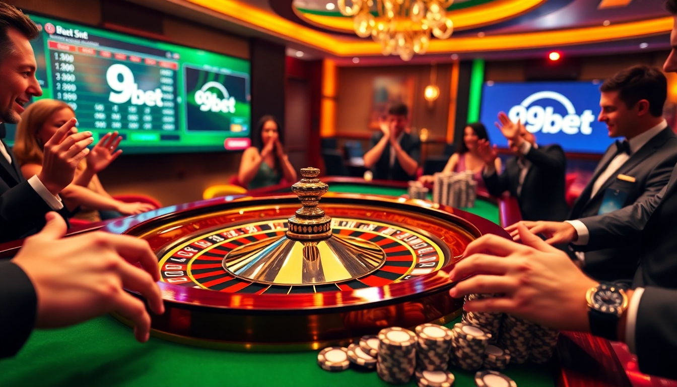 Experience the thrill of 9bet at a vibrant casino with excited players at a roulette table.