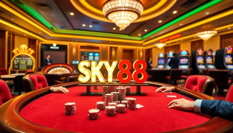Experience the thrill of SKY88 at this luxurious casino scene filled with poker chips and cards.