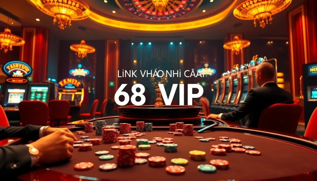 Experience excitement and luxury at Link Vào Nhà Cái 68VIP, featuring a high-stakes poker game and vibrant casino atmosphere.