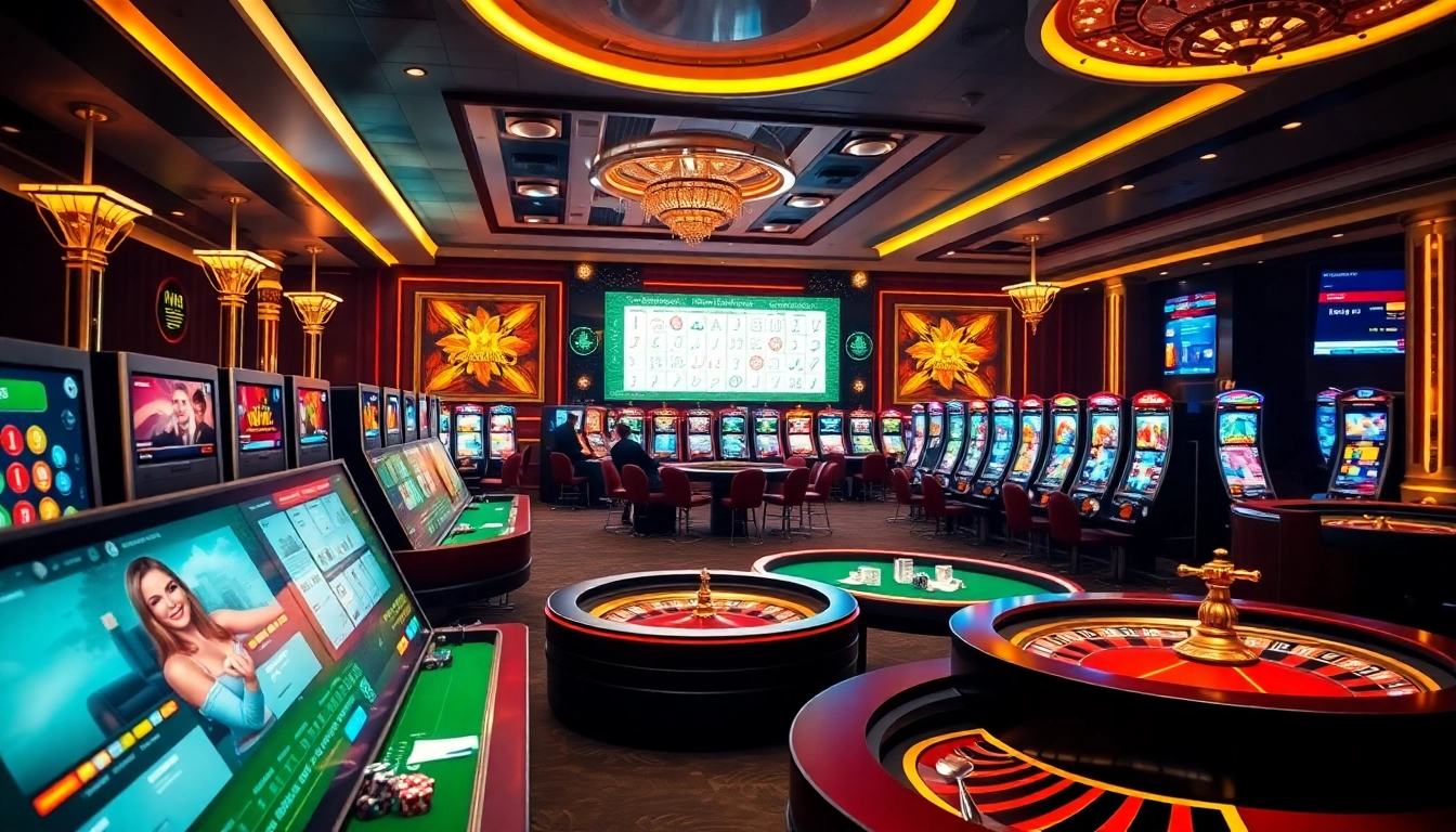 Exciting casino en ligne Français experience with luxurious gaming ambiance, showcasing slot machines, roulette, and poker tables.