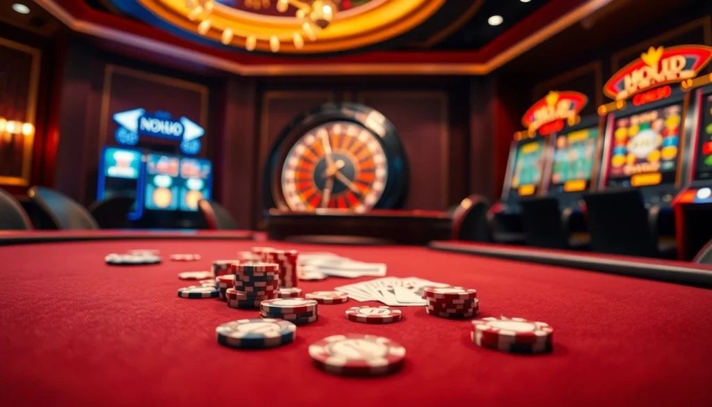 Nohu90 players engaging at an opulent casino table with poker chips during exciting games.
