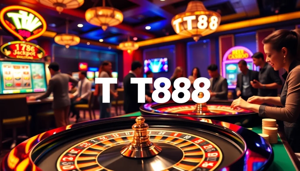Experience the excitement of casino gaming at TT88 with players at a roulette table and vibrant slot machines.