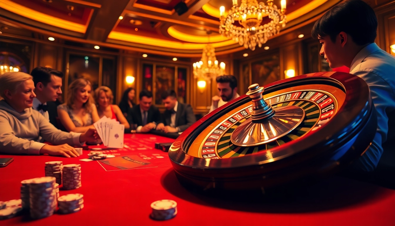 Experience the thrill of gambling at UK88 with an engaging casino scene featuring players, cards, and roulette.