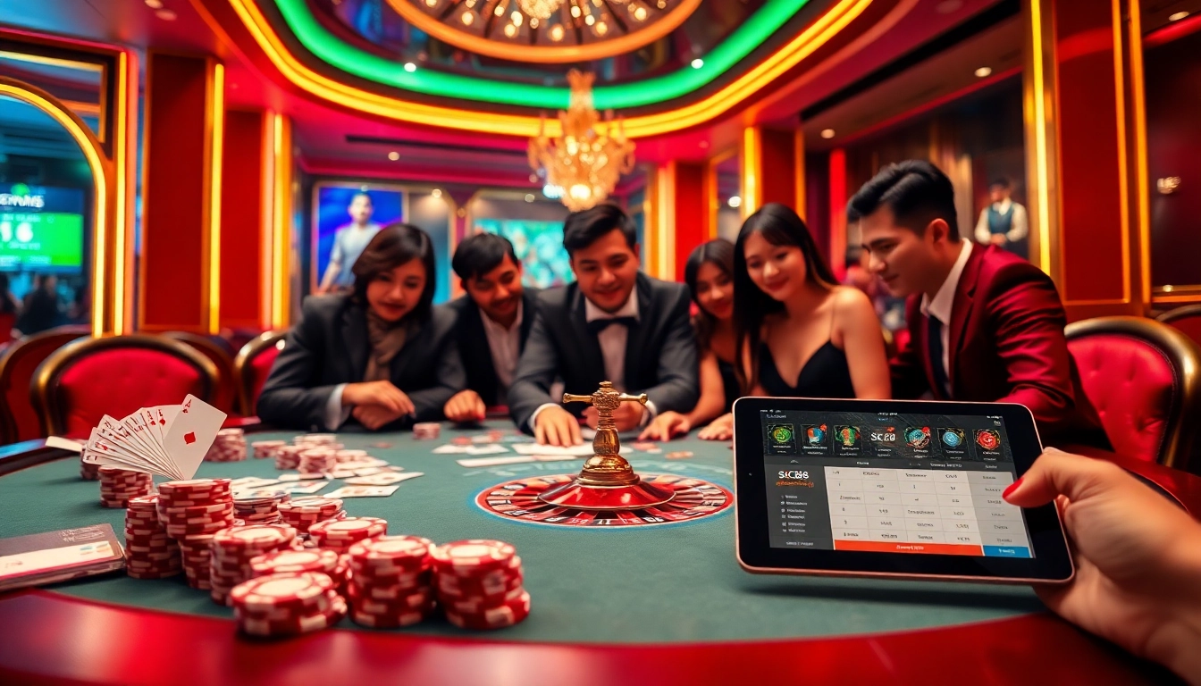Experience the thrill of winning at SC88 with poker chips and cards in a vibrant casino scene.