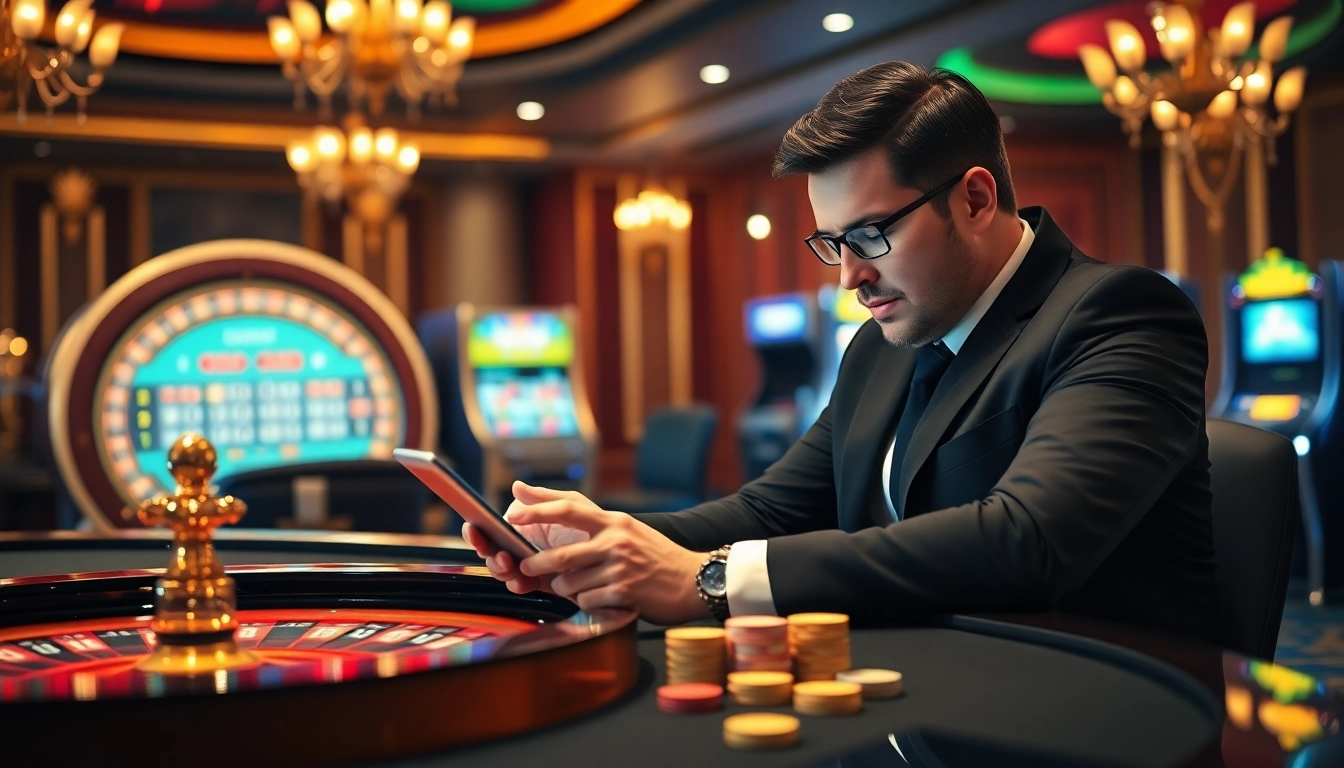 Engaging scene of a gambler enjoying nouveaux casino en ligne on a tablet amidst an elegant casino backdrop.