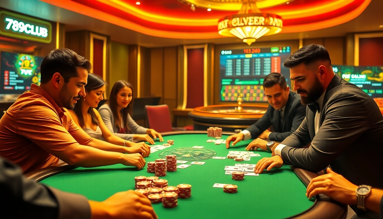 Players enjoying a thrilling poker game at 789club casino, showcasing colorful chips and a roulette wheel.