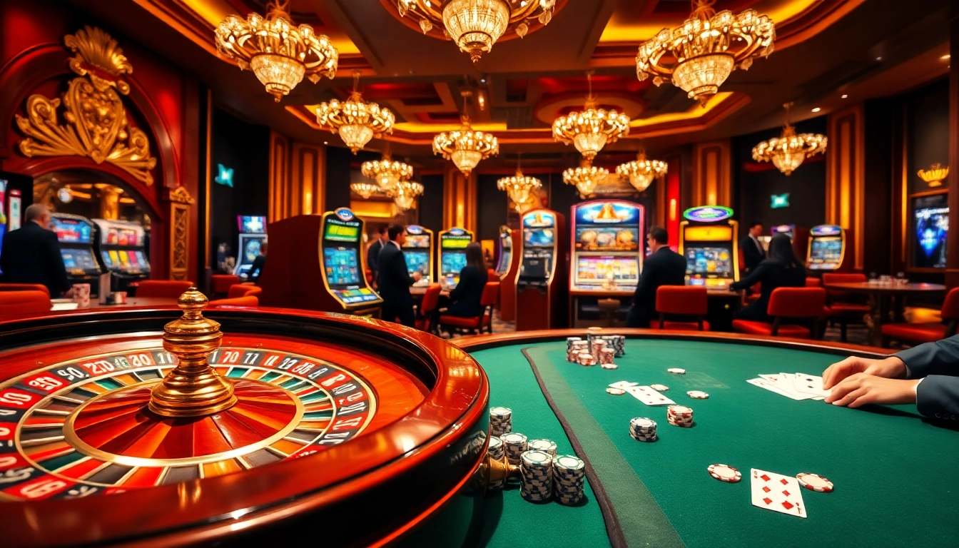 Casino en ligne Français showcasing a vibrant gambling scene with roulette, slot machines, and poker tables.