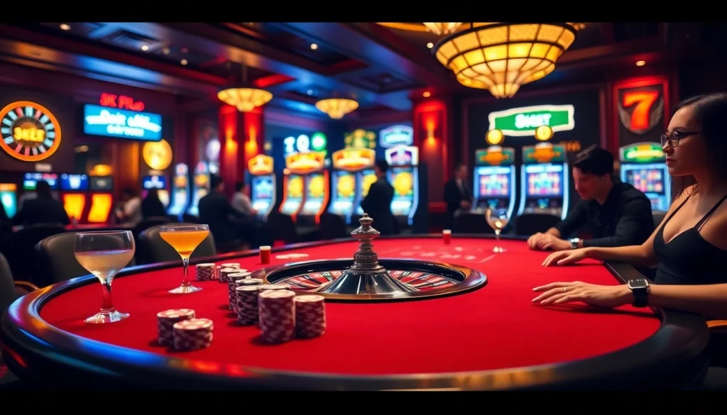 Engaging gamblers in a luxurious 8KBET casino environment with poker chips and a roulette wheel.