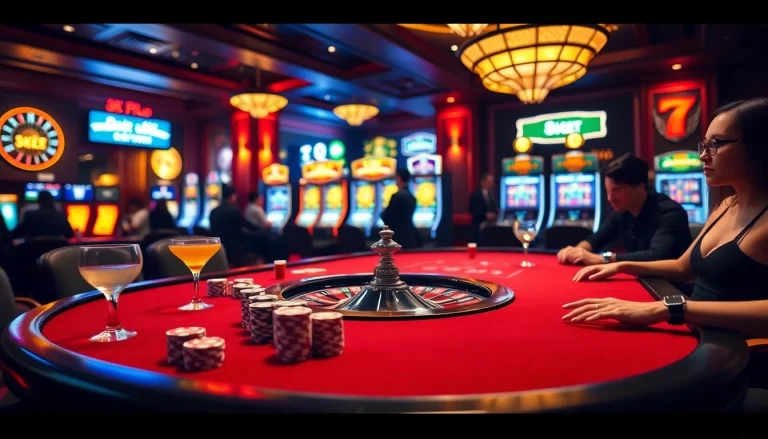 Engaging gamblers in a luxurious 8KBET casino environment with poker chips and a roulette wheel.