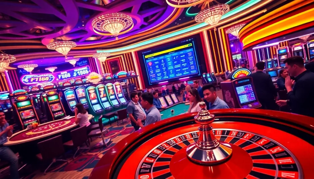 F168 engaging players at a vibrant casino table with high stakes and excitement.