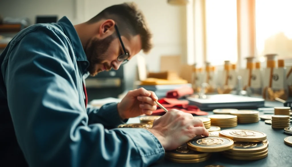 Médailles artisanales en cours de création avec des matériaux précieux et une attention aux détails.